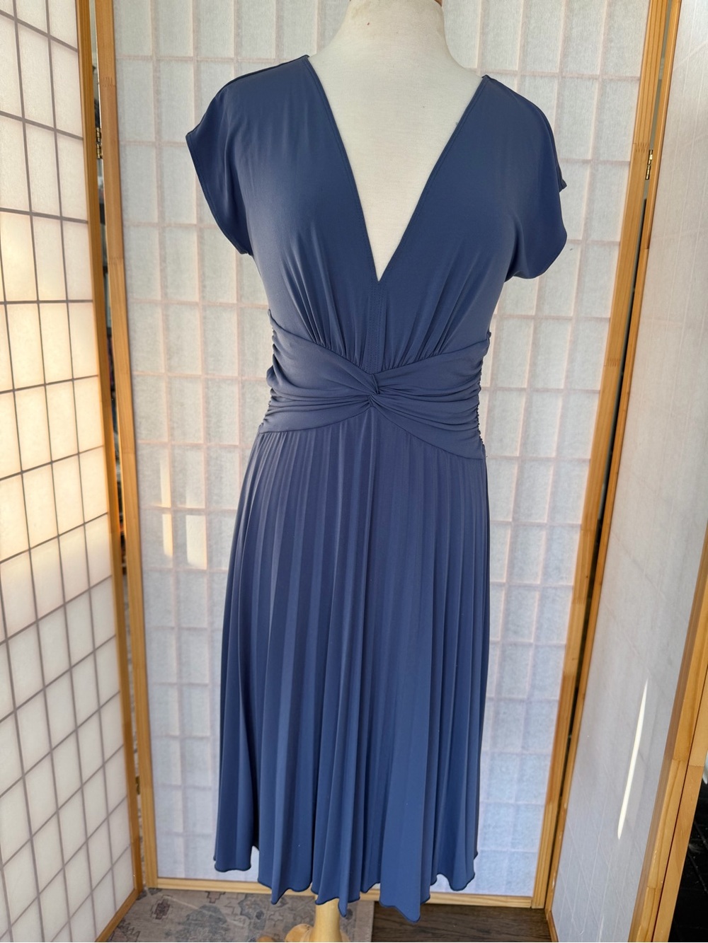 Max & Cleo Deep V Slate Blue Twist-Waist Midi Dress